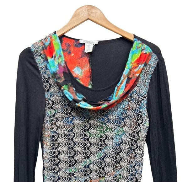 Elysee 26 Tunic Boho Top Black Abstract Cowl Neck 2/3 Sleeve Womens size M - Picture 3 of 12